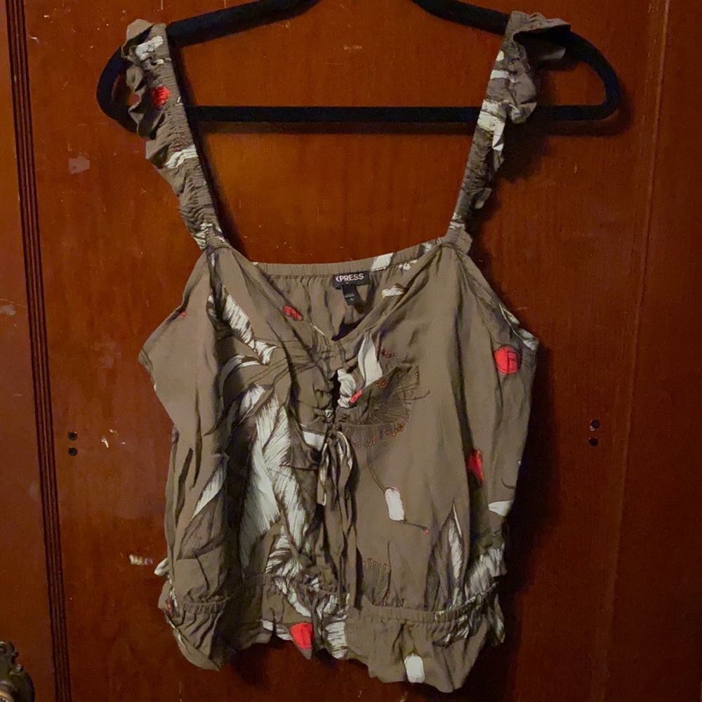 Express Olive Green Floral Tie-Front Ruffle Strap Tank